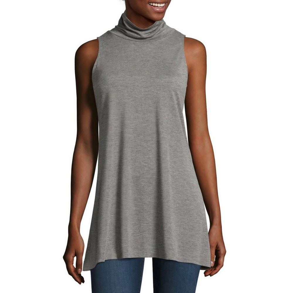 New Stylus Sleeveless Side Slit Turtleneck Tunic, Gray, Size XL